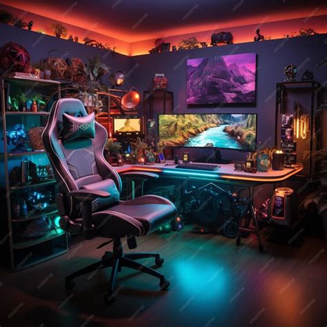 Premium AI Image | gaming computer setup rgb lighting and curved ...