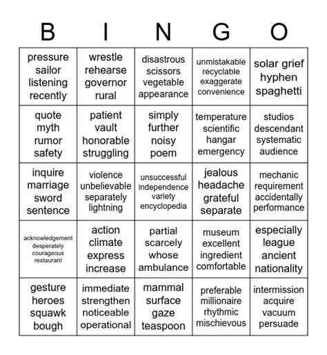 Grade 6 Word Bingo Card