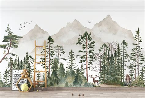 Forest Wall Mural Peel N Stick Wallpaper Pine Tree Woodland Etsy