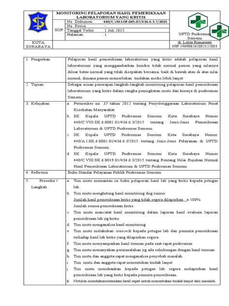 Sop Monitoring Pelaporan Hasil Laboratorium Yang Kritis Pdf