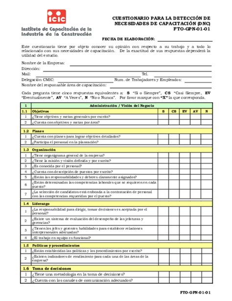 Pdf Cuestionario Para La DetecciÓn De Necesidades De CapacitaciÓn Dnc Fto Gpn 01 01 Leroy