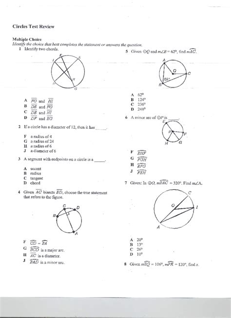 Chapter 10 Test Review and answers - Circles Test Review Multiple