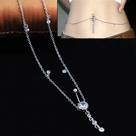 Womens Rhinestone Navel Ring Belly Button Bar Waist Chain Dangle Body Piercing Jewelry On