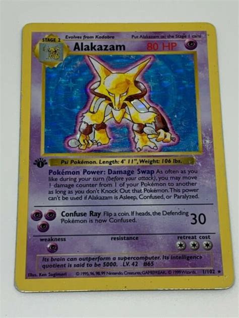 1st Edition Alakazam Base Set Shadowless Holo Rare Card 1 102 Heavily