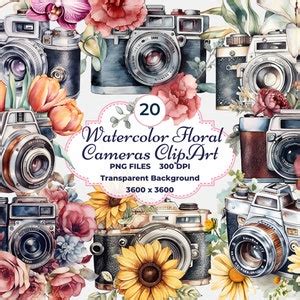 Watercolor Floral Cameras Clipart Floral Vintage Cameras Clipart