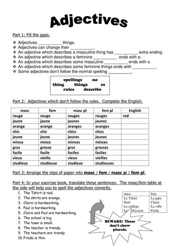 French Worksheet About Adjectives Teaching Resources