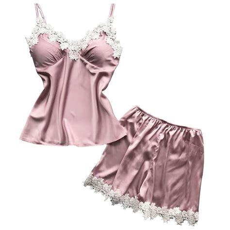 Gyujnb Womens Satin Pajama Set Lace Trim Short Pj Set Modal V Neck