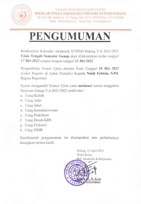 Pengumuman Ujian Tengah Semester Genap Ta