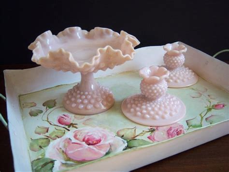 Beautiful Rare Fenton Pink Hobnail Milk Glass Trio Pedestal