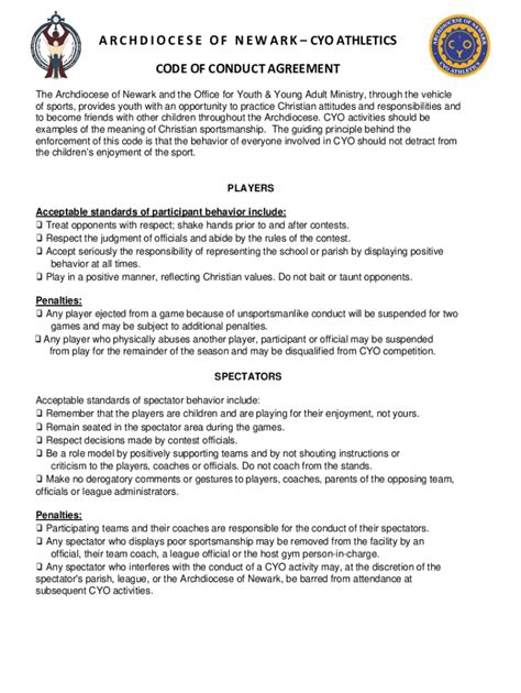 Fillable Online Cyo Athletics Code Of Conduct Agreement Fax Email Print