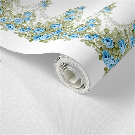 Blue Victorian Rose Border Print Wallpaper | Spoonflower