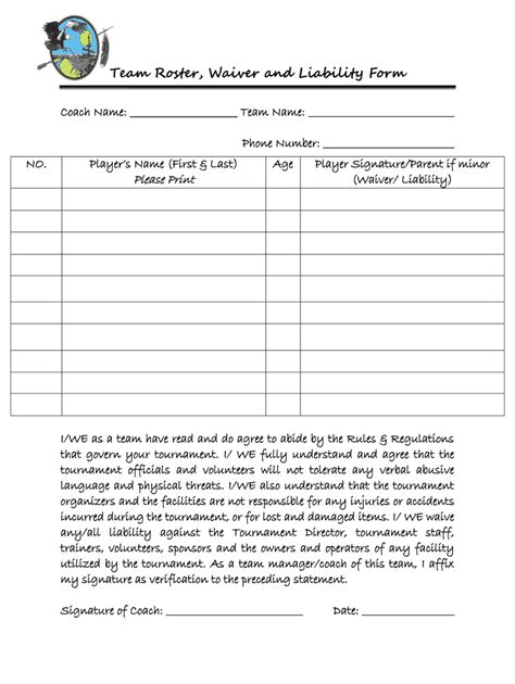 Team Roster Waiver And Liability Form Fill And Sign Printable