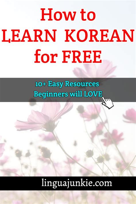 The Cover Of How To Learn Korean For Free With Pink Flowers In The