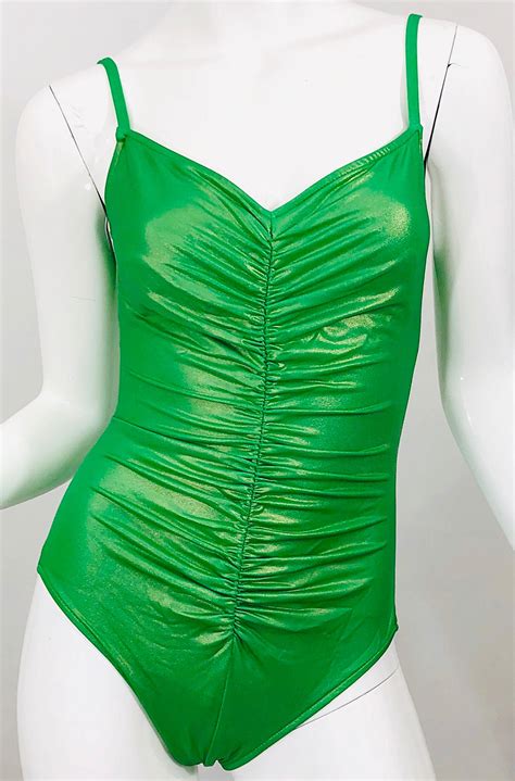 1980s Bill Blass Neon Green One Piece Ruched Vintage 80s Swimsuit