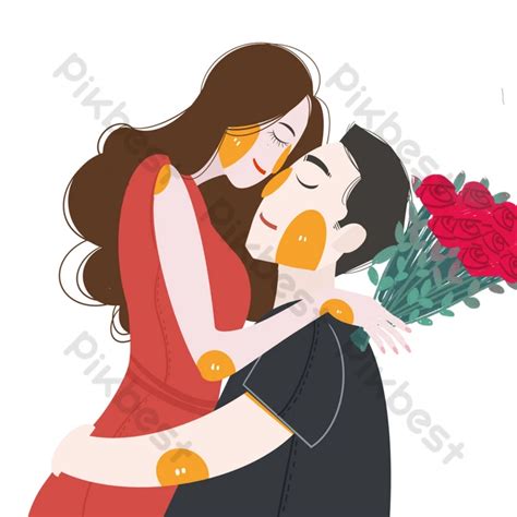 Gambar Kartun Pasangan Hari Valentine Yang Manis Memberi Bunga Dan Pelukan Elemen Grafis Psd