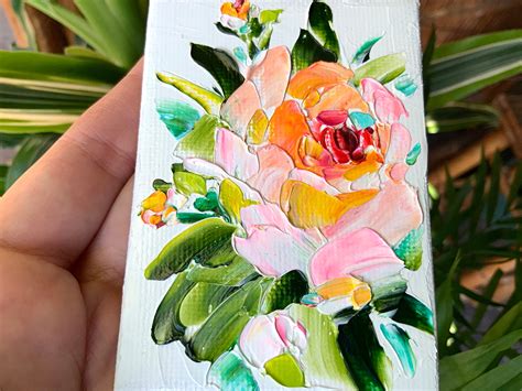 Aceo Miniature Pink Rose Oil Painting On Wooden Easel Original Impasto