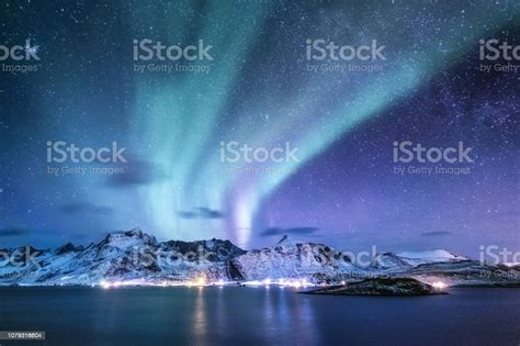 Aurora Borealis On The Lofoten Islands Norway Green Northern Lights