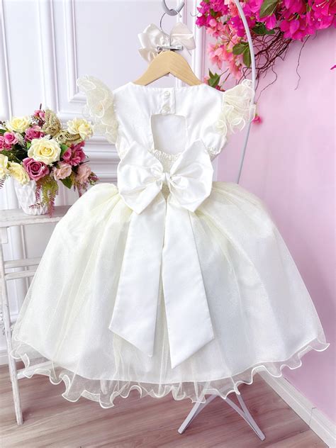 Vestido Infantil Marfim Glitter E Broche De Flor Luxo Rosa