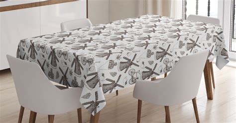 Dutch Tablecloth, Traditional Netherlands Symbols Illustration with Hand Drawn Windmills Tulips ...