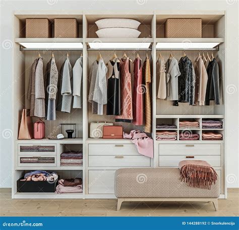 Modern Wooden Wardrobe with Clothes Hanging on Rail in Walk in Closet ...