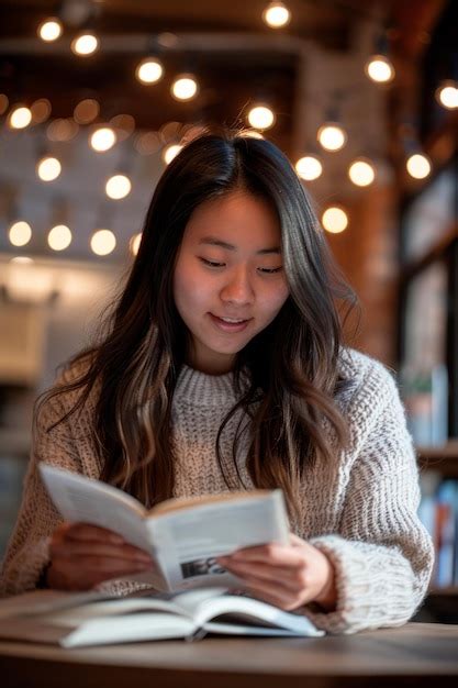 A Female College Student Reading In A Cozy Coffee Shop Premium Ai