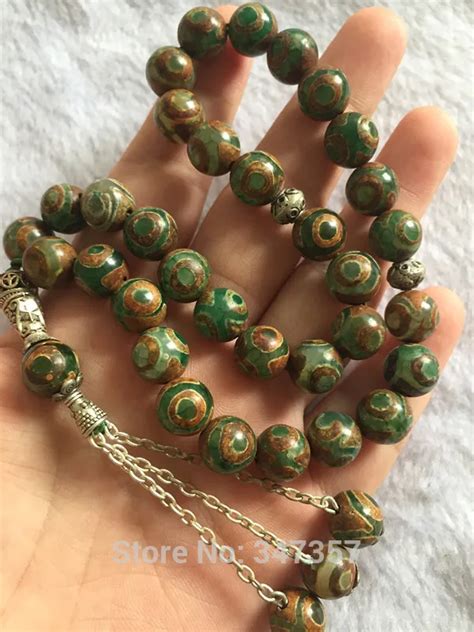 Natural Green Stone Dzi Beads Round Shape Prayer Beads Islamic