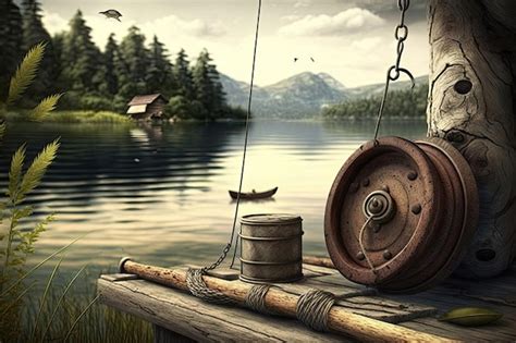 Premium Photo A Fishing Rod And Bait Laid Out On A Mossy Rock By The