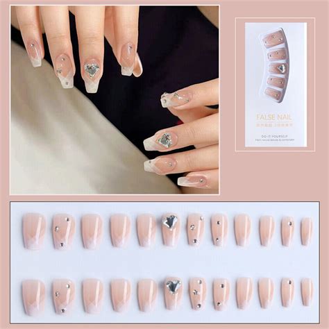 Ice Through Diamond False Nail Short Coffin Press On Nails For Nail Art 24pcs Ebay