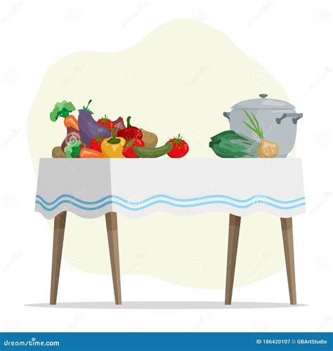 Cartoon Hand Drawn Vegetables and Pot on the Table Stock Vector
