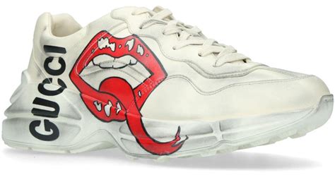 Gucci Rhyton Leather Sneakers With Maxi Mouth In White For Men Lyst Uk