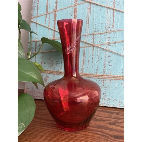 Vintage Etched Cranberry Stain Glass Christmas Vase 7 14 Etsy