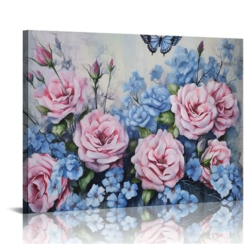 Creowell Flowers Canvas Wall Art Pink Purple Florals Blue Botanical