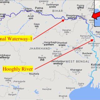 National Waterway-1 and Hooghly River, India. Source: Google Map ...