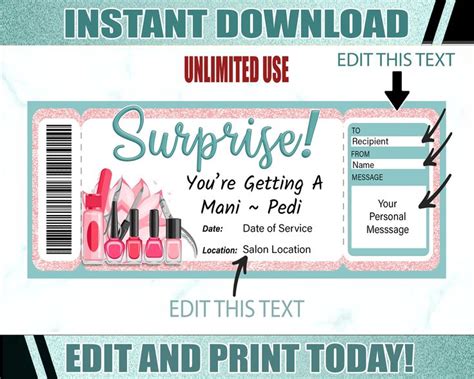 Mani Pedi Gift Ticket Mani Pedi Printable Certificate Editable Etsy