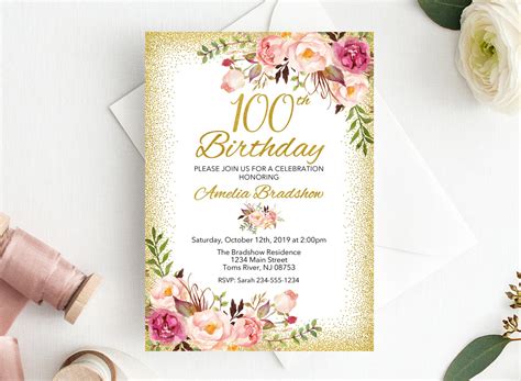 100th Birthday Invitation One Hundred Birthday Invite Floral Etsy