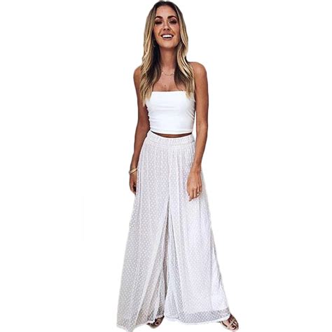 Women Ladies Fashion Loose High Waist Long Trousers White Dot Chiffon Casual Summer Palazzo