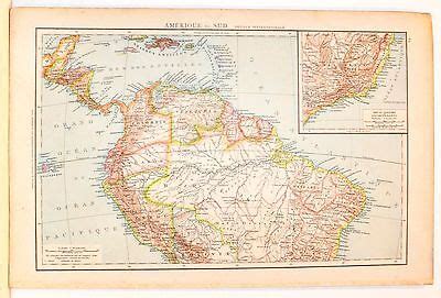 CARTA GEOGRAFICA ANTICA AMERICA MERIDIONALE Parte NORD 1880 Old Antique