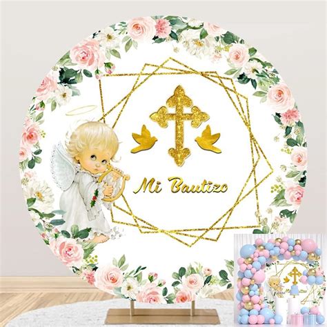 Amazon Mi Bautizo Round Backdrop Ft Pink Flowers Gold Ring