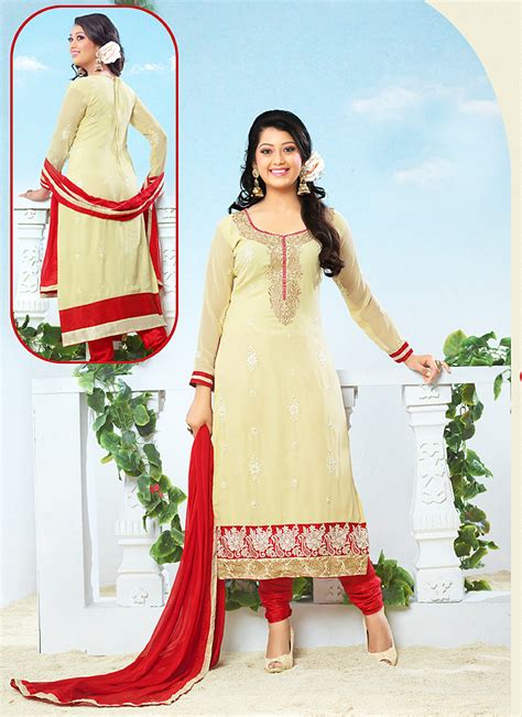 Yellow And Red Resham Work Churidar Salwar Kameez