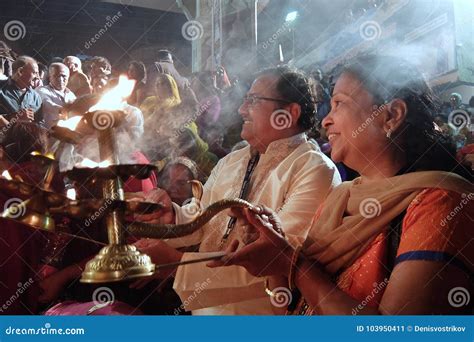 Ganga Aarti Ceremony In Parmarth Niketan Ashram At Sunset Editorial