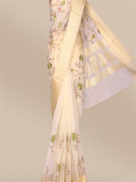 Buy The Chennai Silks Cream Coloured Green Floral Embroidered Tissue