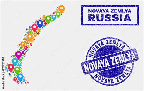 Vector Colorful Mosaic Novaya Zemlya Islands Map And Grunge Stamp Seals