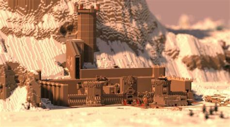 A Minecraft Fortress Built Into The Snowy Mountain Cliff Created By