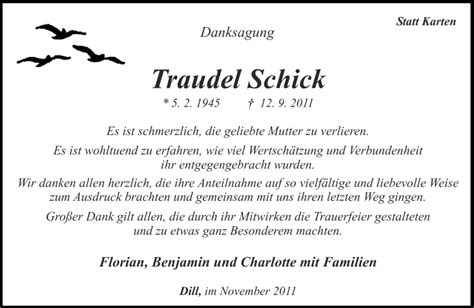 Traueranzeigen Von Traudel Schick Rz Trauer De