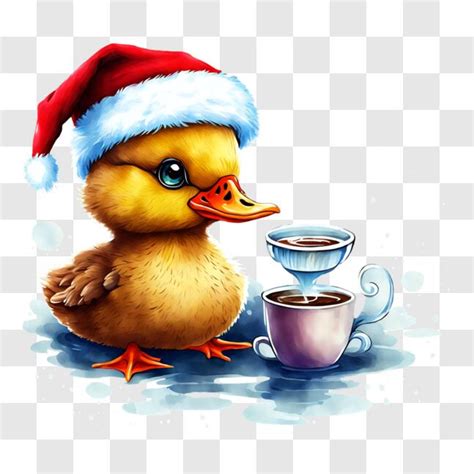 Baixe Pato de desenho animado usando um chapéu de Papai Noel bebendo