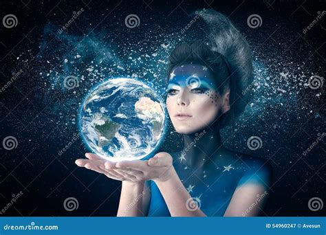 Moon Woman Holding Planet Earth Stock Image Image Of Human Makeup