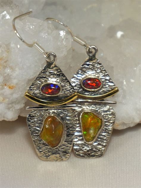 Distinctive Ethiopian Opal And Australian Fire Opal Earring Set Featuring Polished Natural