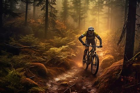 Premium Ai Image A Man Riding A Mountain Bike In A Forest