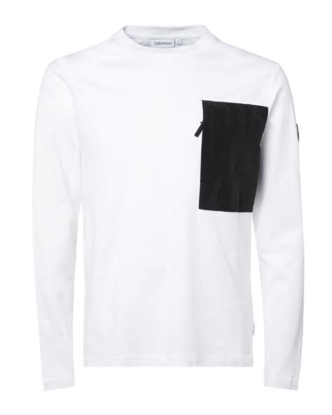 Calvin Klein Mens Long Sleeved Chest Pocket T Shirt White Tee