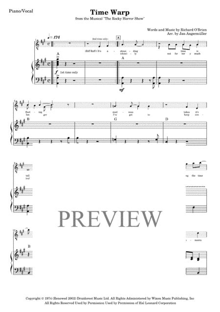 Time Warp Arr Jan Angermüller By Richard O Brien Sheet Music For Piano And Vocal At Sheet Music